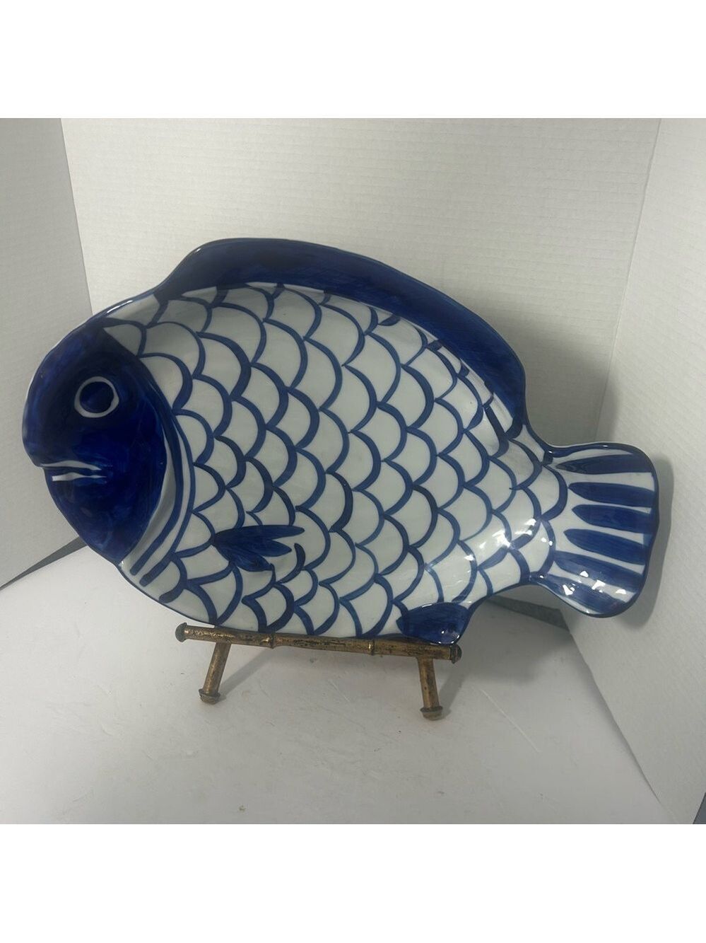 VTG Rare Large Dansk Japan Ceramic Handpainted Blue Fish Serving Dish Platter